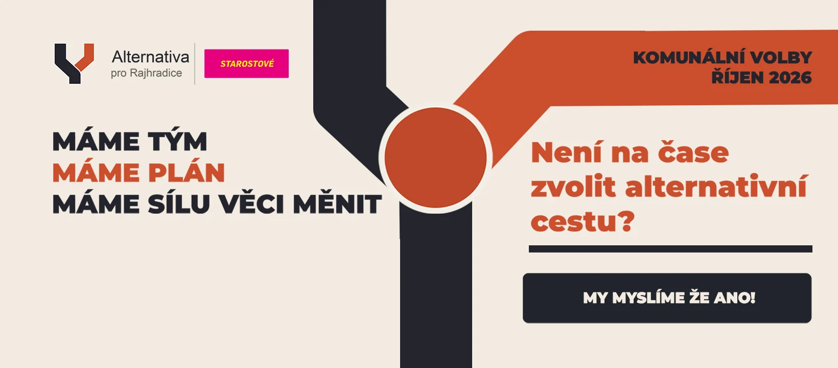 Úvodní grafika Alternativy pro Rajhradice — logo, heslo a rozcestí s kruhovým objezdem