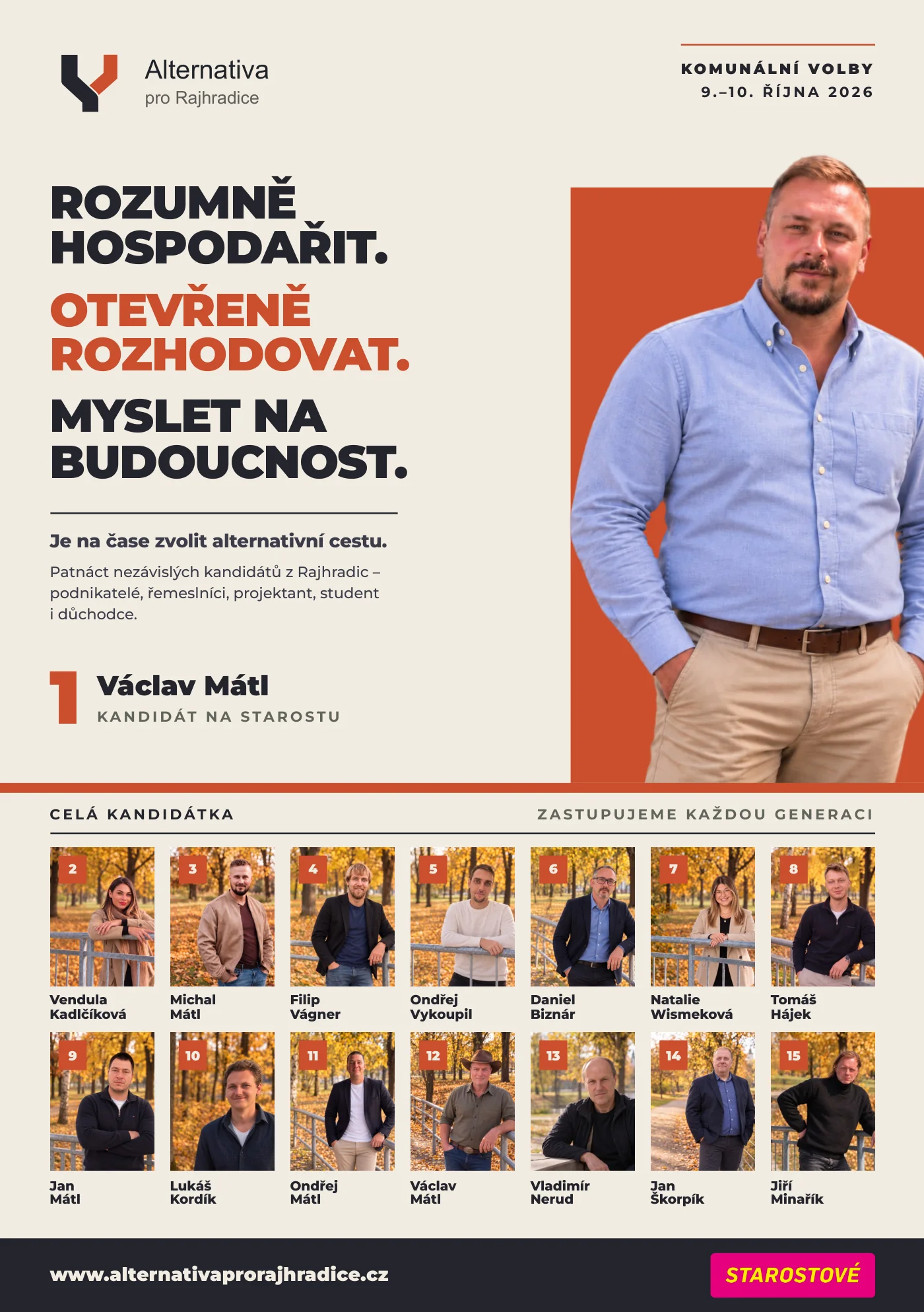Přední strana letáku — heslo kampaně, kandidát na starostu a celá kandidátka s fotkami