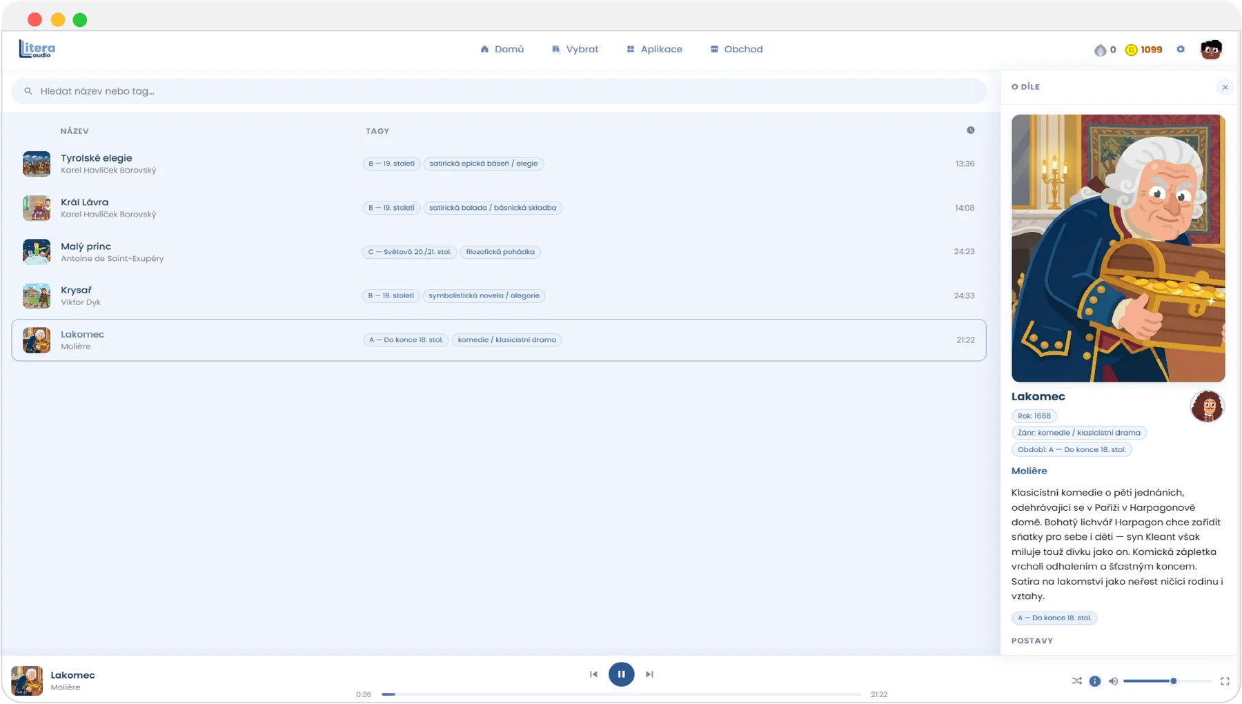 Litera audio — seznam nahrávek se štítky a panel s informacemi o díle