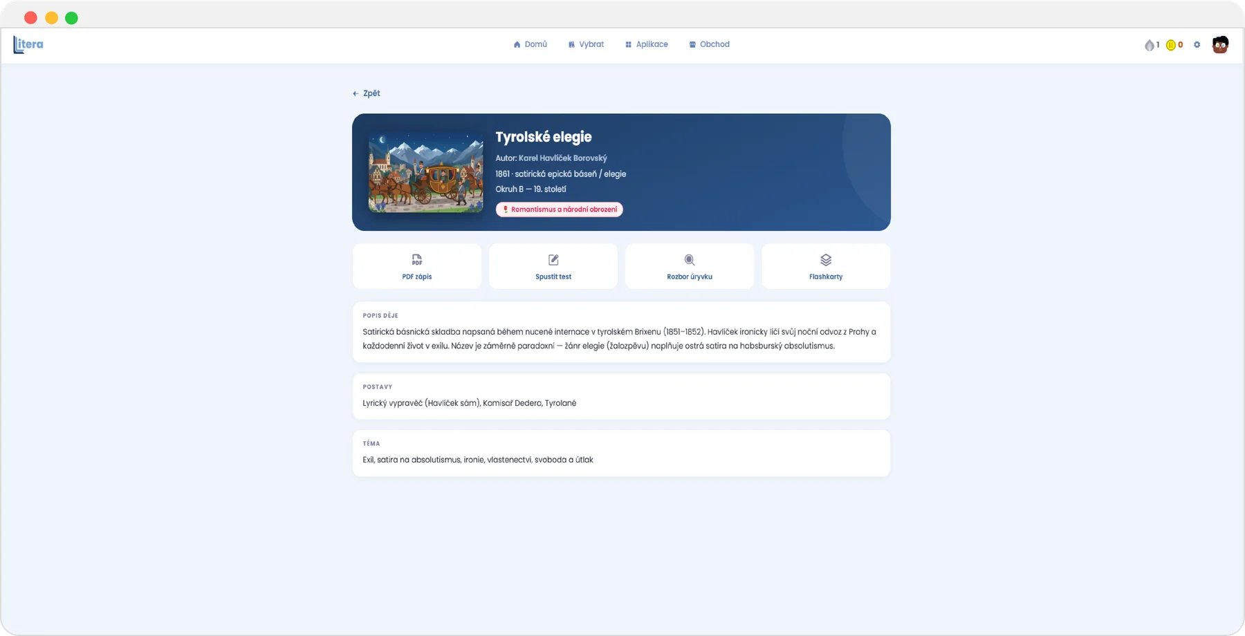 Detail knihy — hlavička s autorem, rokem a žánrem, pod ní PDF zápis, test, rozbor úryvku a flashkarty
