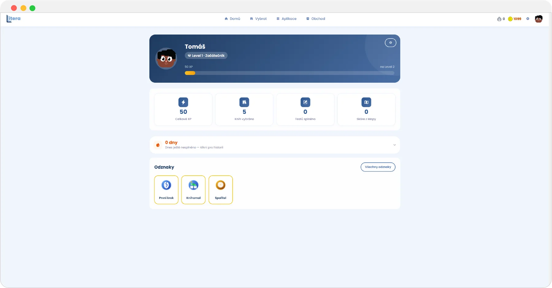 Profil — úroveň, XP, statistiky, denní série a odznaky