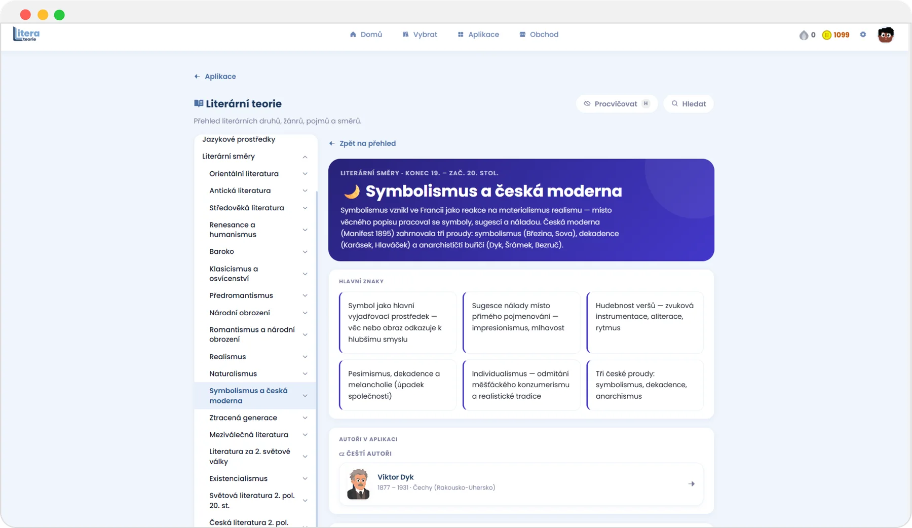 Literární teorie — strom směrů v postranním panelu a detail Symbolismu s hlavními znaky