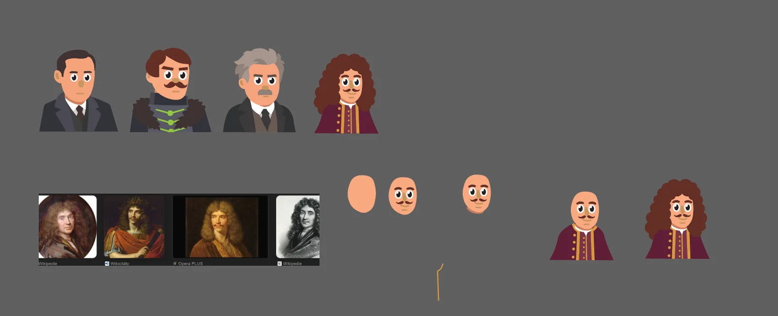 Proces ilustrace Molièra — dobové portréty jako reference a postupná stavba hlavy, paruky a kabátu